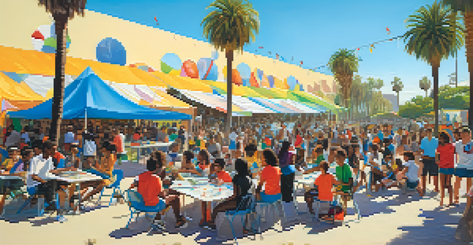 A community gathering in Santa Monica with youth engaged in sports, arts, and educational activities under a sunny sky.