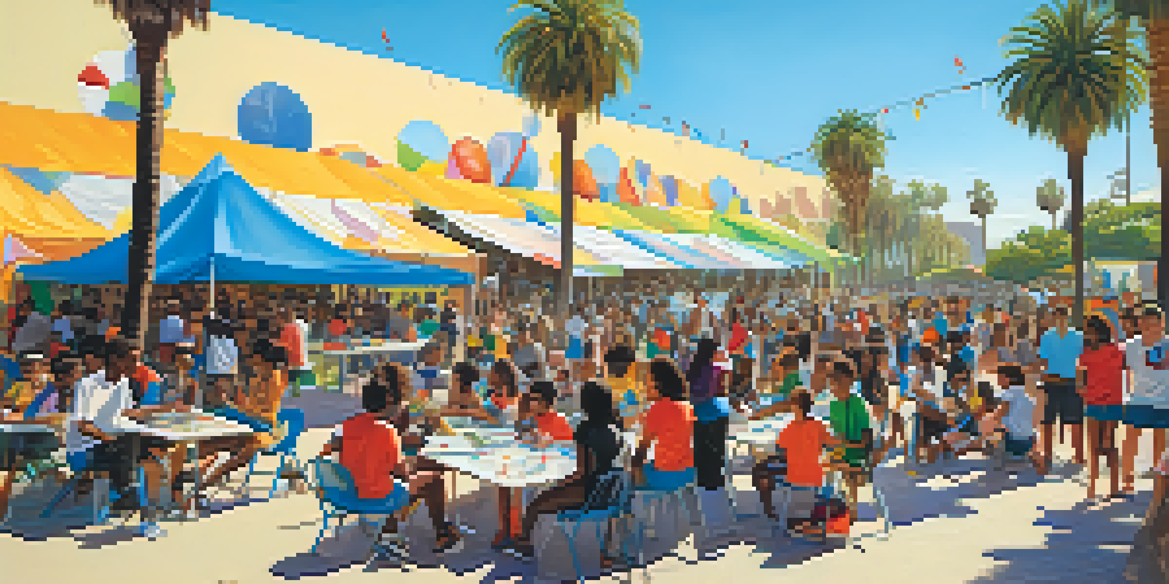 A community gathering in Santa Monica with youth engaged in sports, arts, and educational activities under a sunny sky.