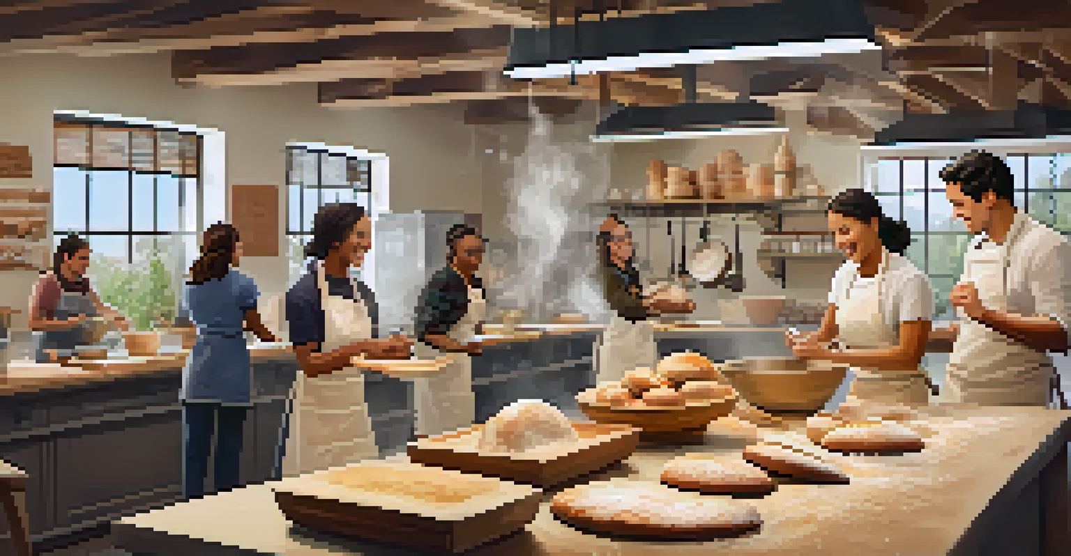 A warm kitchen environment where people are learning to bake bread in a cooking class, filled with laughter and flour.