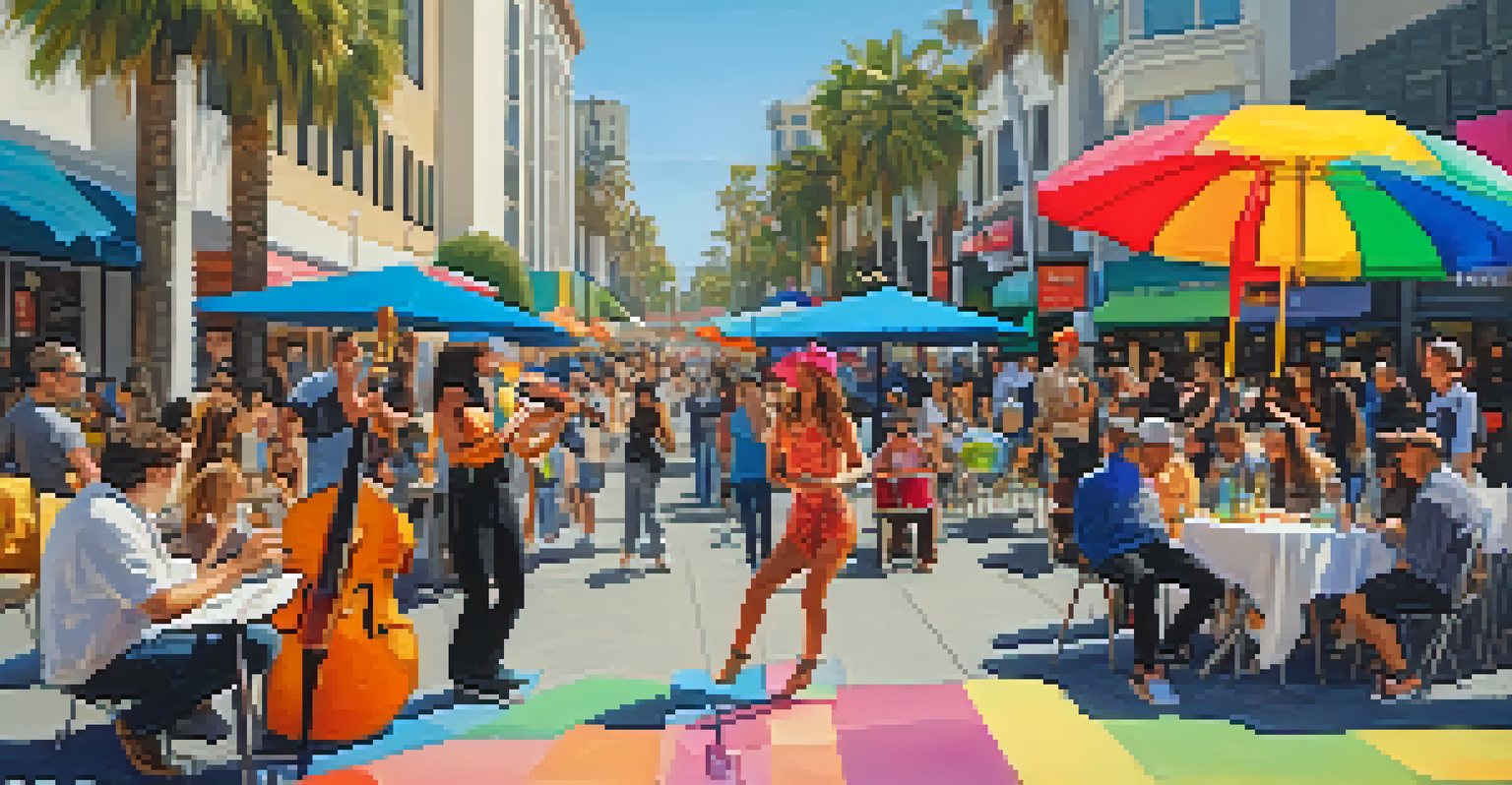 A bustling 3rd Street Promenade with street performers including musicians and dancers entertaining a diverse crowd in a vibrant setting.