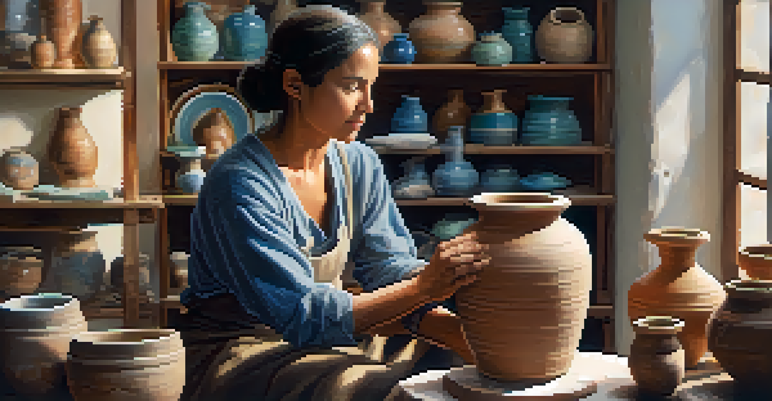 A potter at work, shaping a clay vase on a wheel, surrounded by ocean-colored pottery in a sunlit studio.