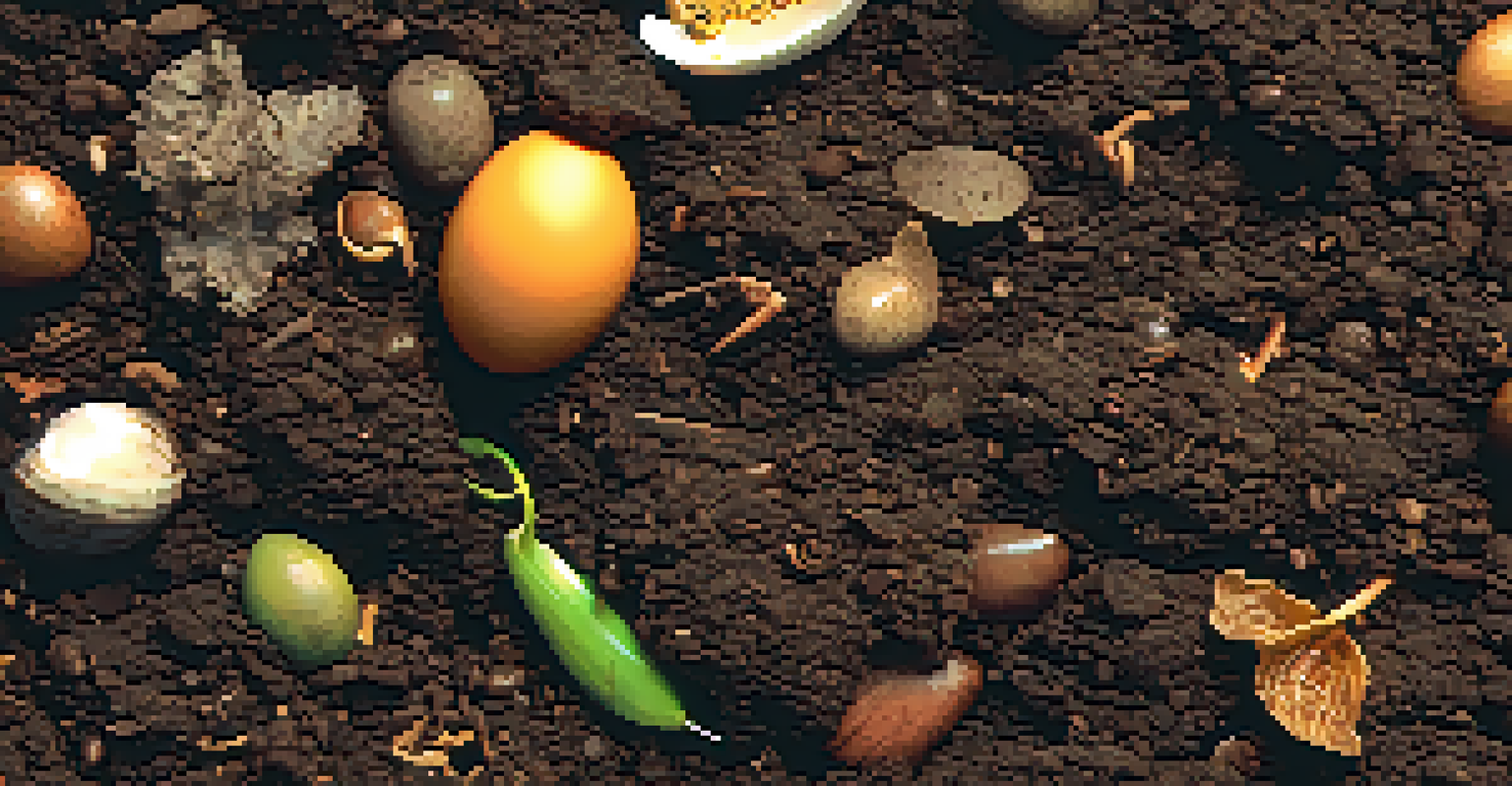 A close-up of rich, dark compost filled with organic materials like coffee grounds and eggshells, with small worms visible.