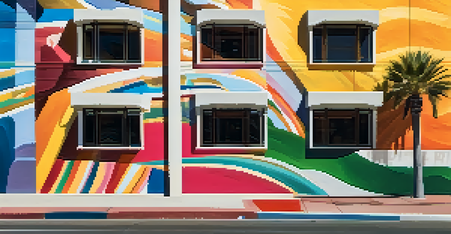 A detailed view of colorful murals depicting the cultural influences in Santa Monica, showcasing vibrant artistry and historical elements.