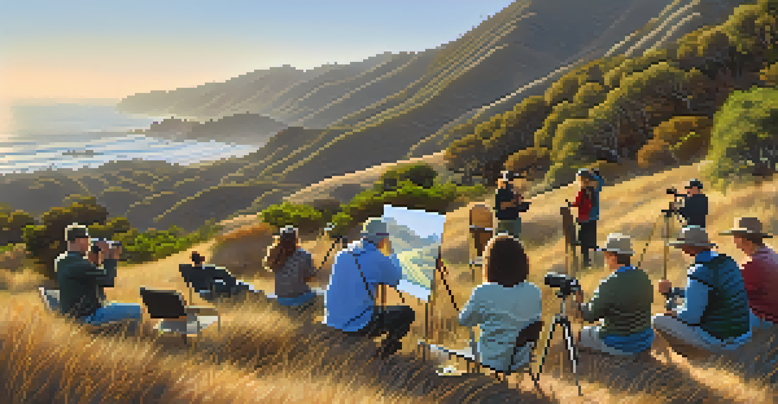 A nature photography workshop in the Santa Monica Mountains, featuring photographers capturing the landscape with an instructor, amidst beautiful flora and wildlife.