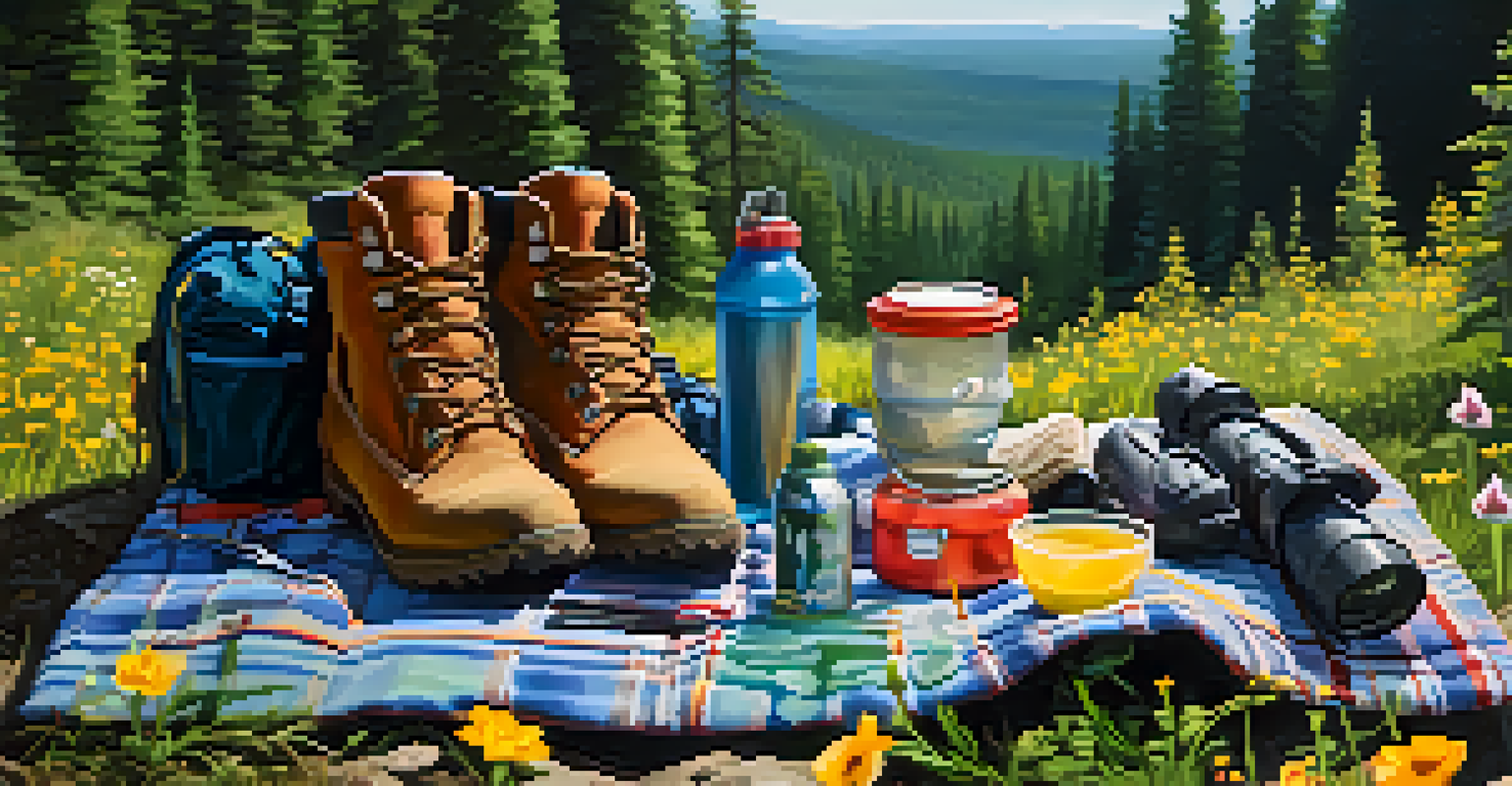 A close-up of hiking gear on a picnic blanket, including boots, a backpack, and snacks, with a blurred hiking trail in the background.