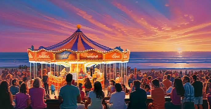 A colorful sunset over Santa Monica Pier filled with people enjoying a concert, with a lit carousel in the background.