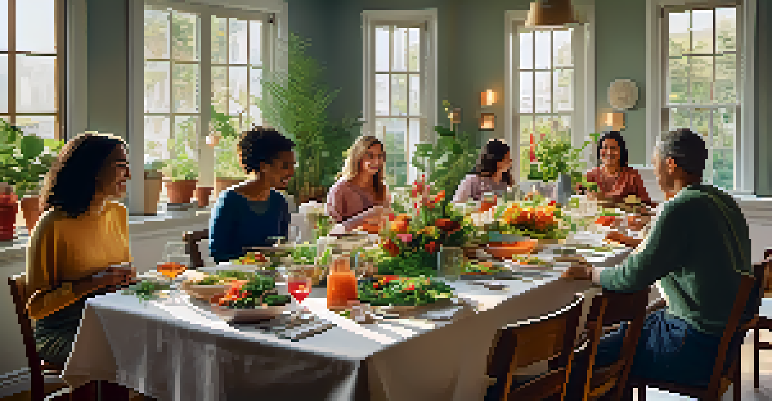 A communal dining table set with vibrant plant-based dishes, with participants enjoying their meal together.