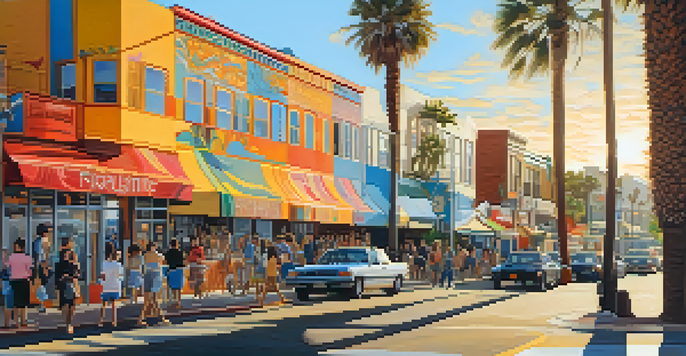 A colorful mural on a street in Santa Monica, depicting ocean life and city life under a golden sunset light.