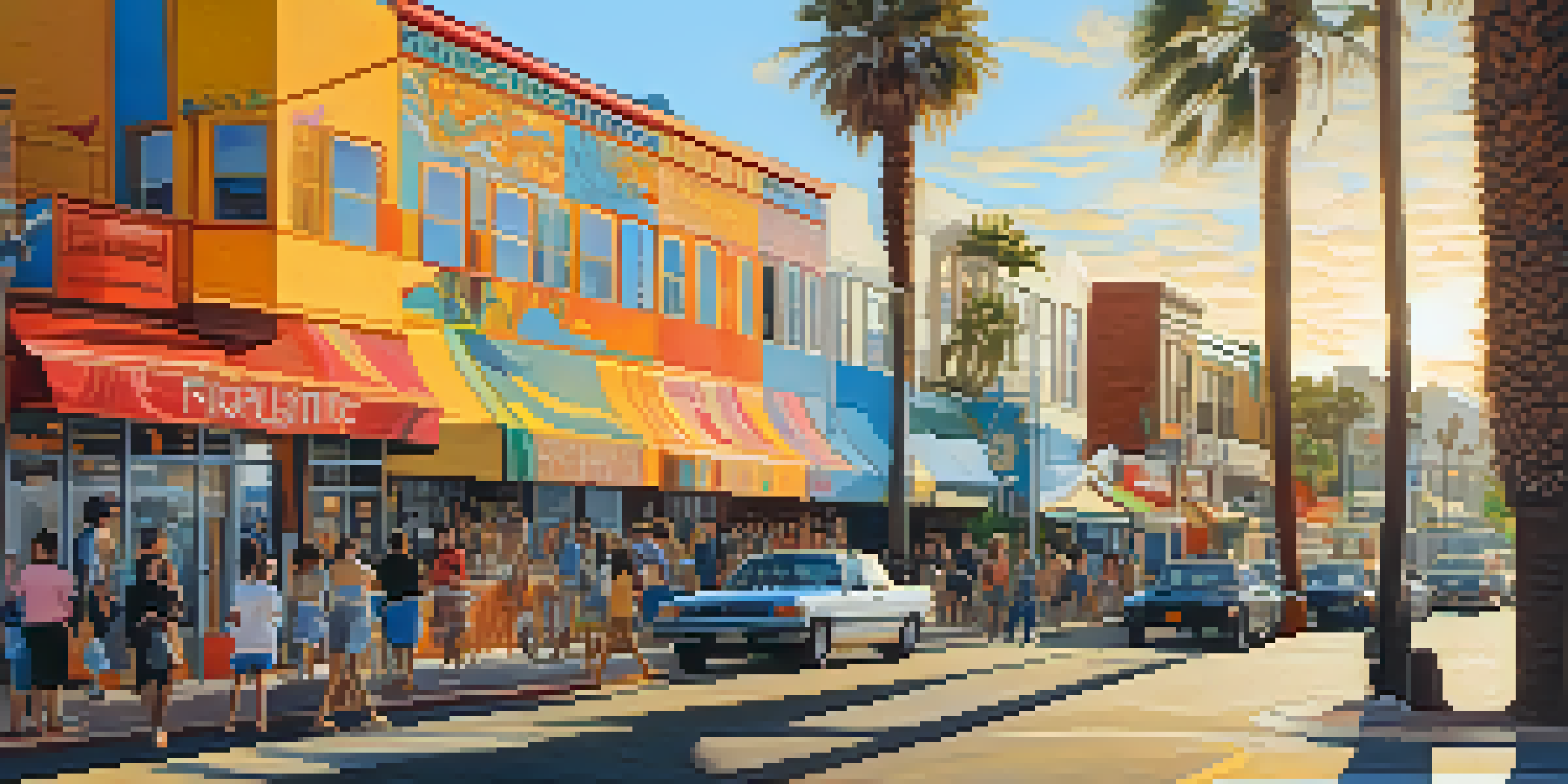 A colorful mural on a street in Santa Monica, depicting ocean life and city life under a golden sunset light.