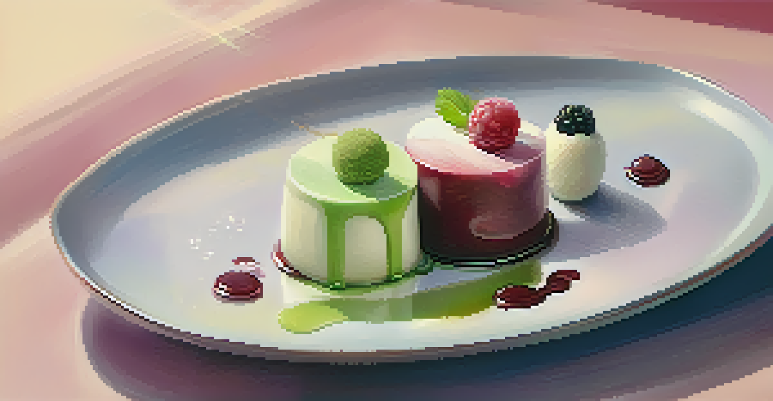 A dessert plate with matcha cheesecake and mochi ice cream, beautifully arranged with berry sauce in a pastel-lit setting.