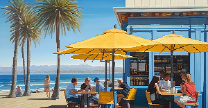 A beachside coffee shop with colorful umbrellas and palm trees, overlooking the ocean on a sunny day.