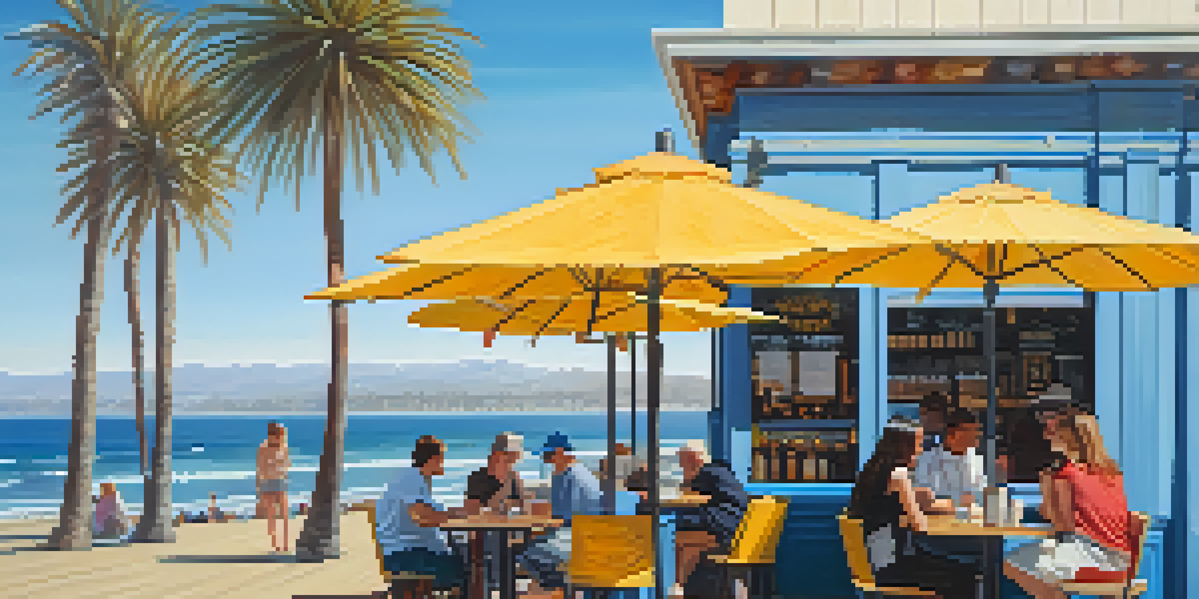 A beachside coffee shop with colorful umbrellas and palm trees, overlooking the ocean on a sunny day.