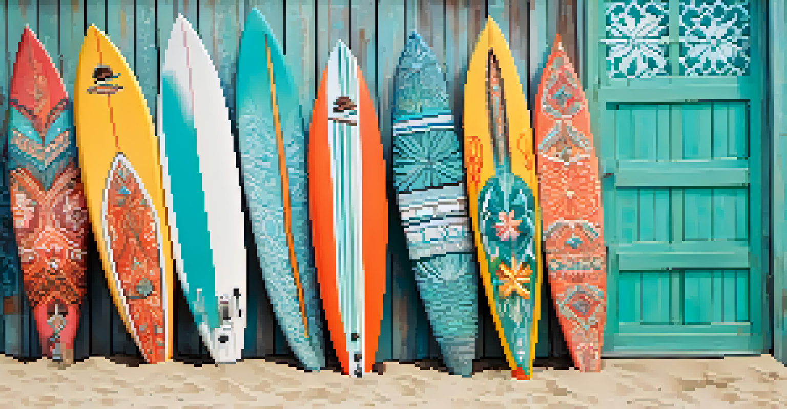 A colorful surfboard with artistic designs leaning against a beach shack, with a sunny Santa Monica beach in the background.