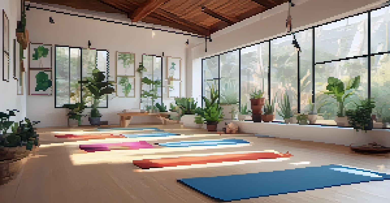 An intimate yoga studio with natural light, plants, and a group of people meditating.
