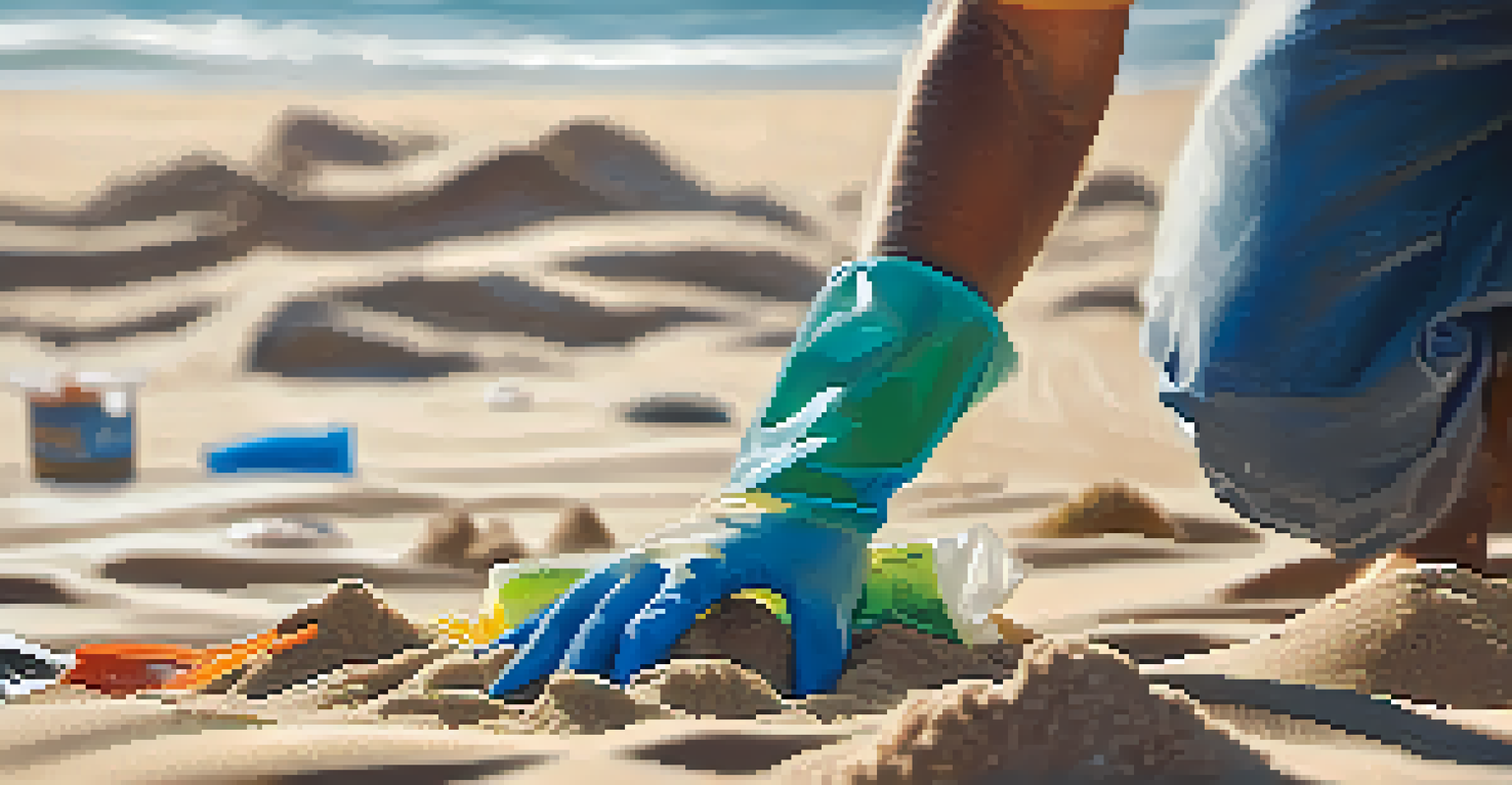 A close-up of a volunteer's gloved hands picking up plastic waste from the sand at a beach clean-up event.