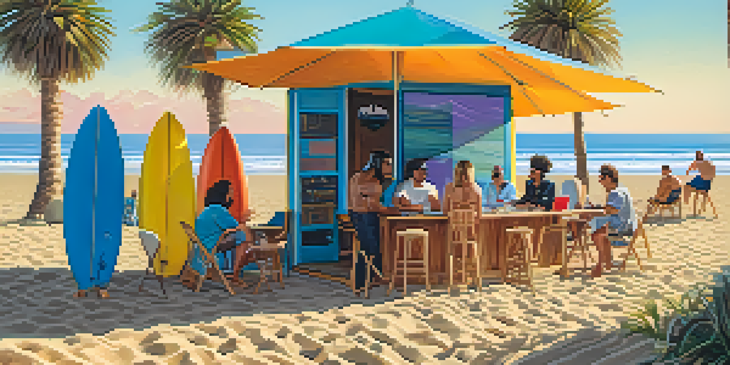 A group of diverse podcasters in an outdoor studio on Santa Monica beach, discussing around a microphone with surfboards in the background and a sunset.