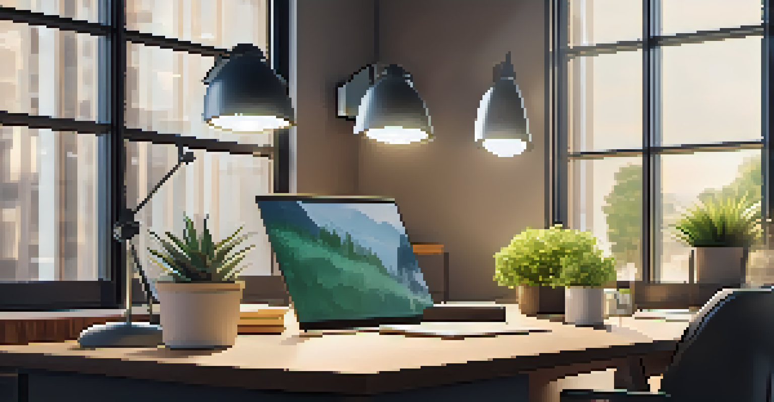A close-up of an energy-efficient light fixture in a modern office, highlighting eco-friendly materials and a bright workspace.