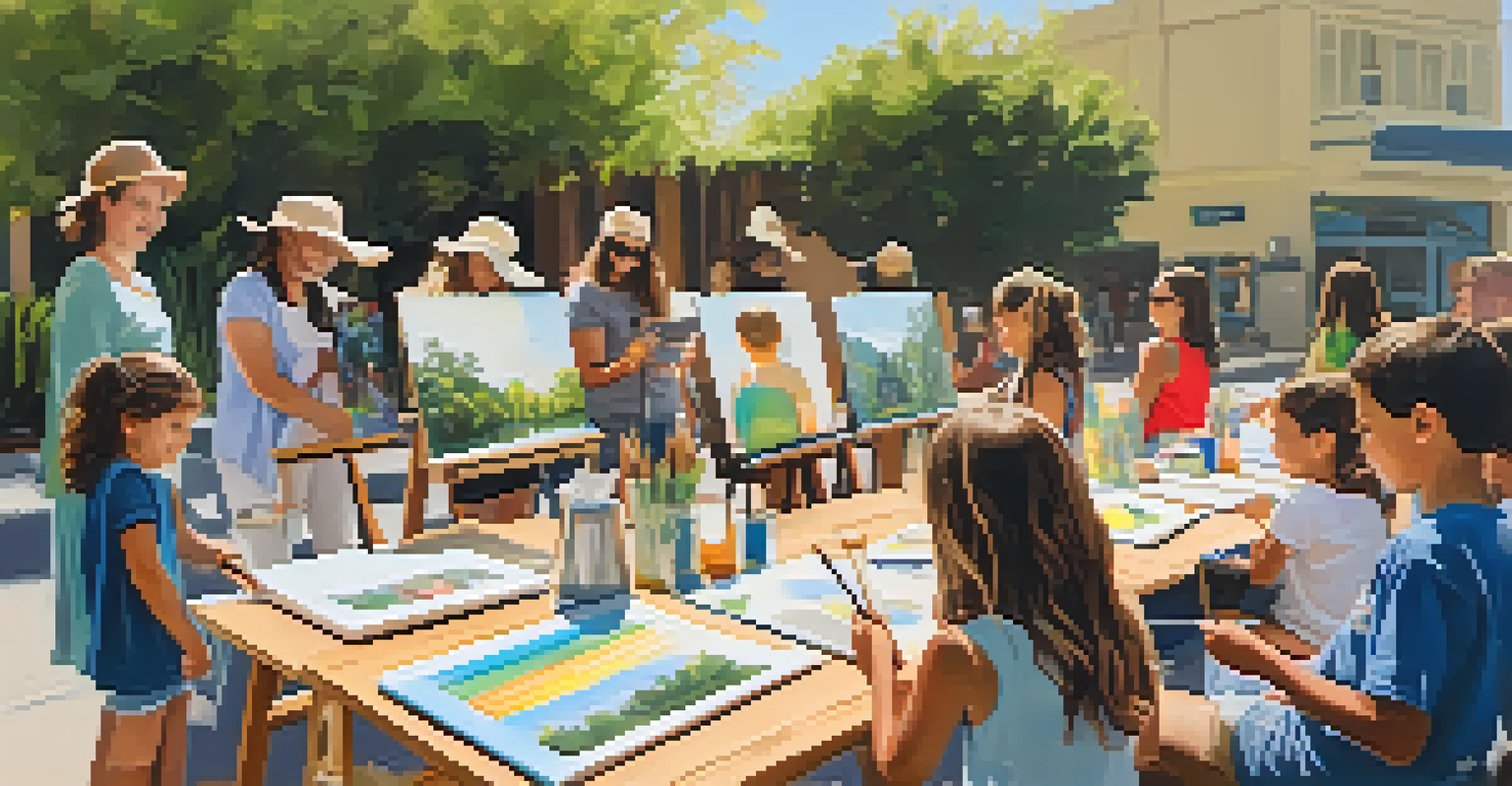 Children painting on canvases with local artists in an outdoor community workshop, surrounded by trees and sunlight.