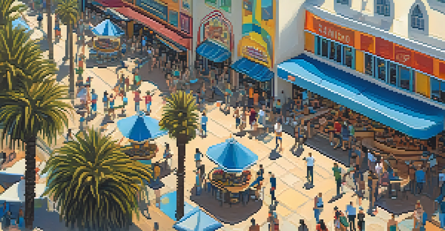 A vibrant aerial view of the Third Street Promenade in Santa Monica, showcasing shoppers and colorful storefronts with the Santa Monica Pier in the background.