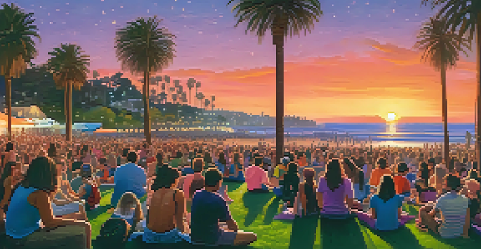 A sunset view over Palisades Park with families on the lawn enjoying a concert, palm trees, and a sparkling ocean in the background.