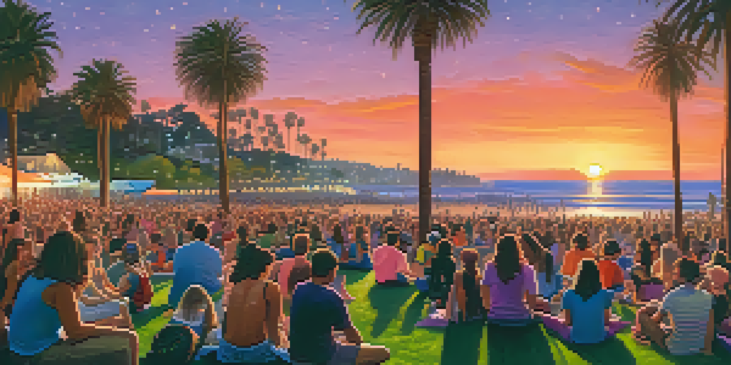 A sunset view over Palisades Park with families on the lawn enjoying a concert, palm trees, and a sparkling ocean in the background.