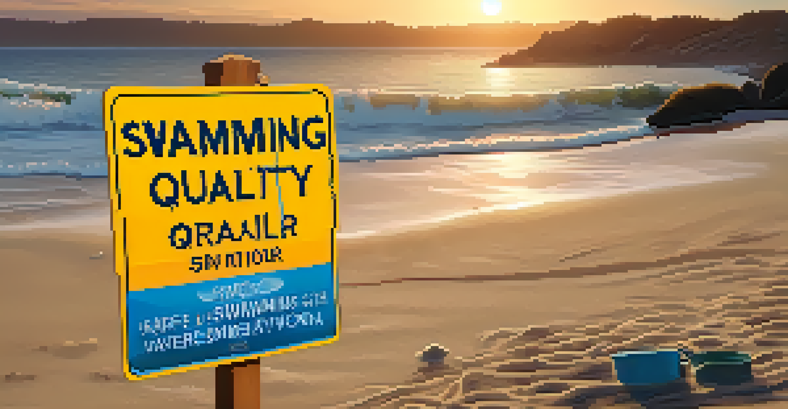 A close-up of a beach water quality warning sign with calm waves and soft sand in the background.