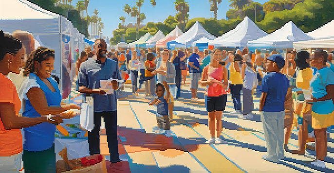 A lively health fair with people interacting at booths, participating in yoga, and attending cooking demonstrations under a sunny sky.