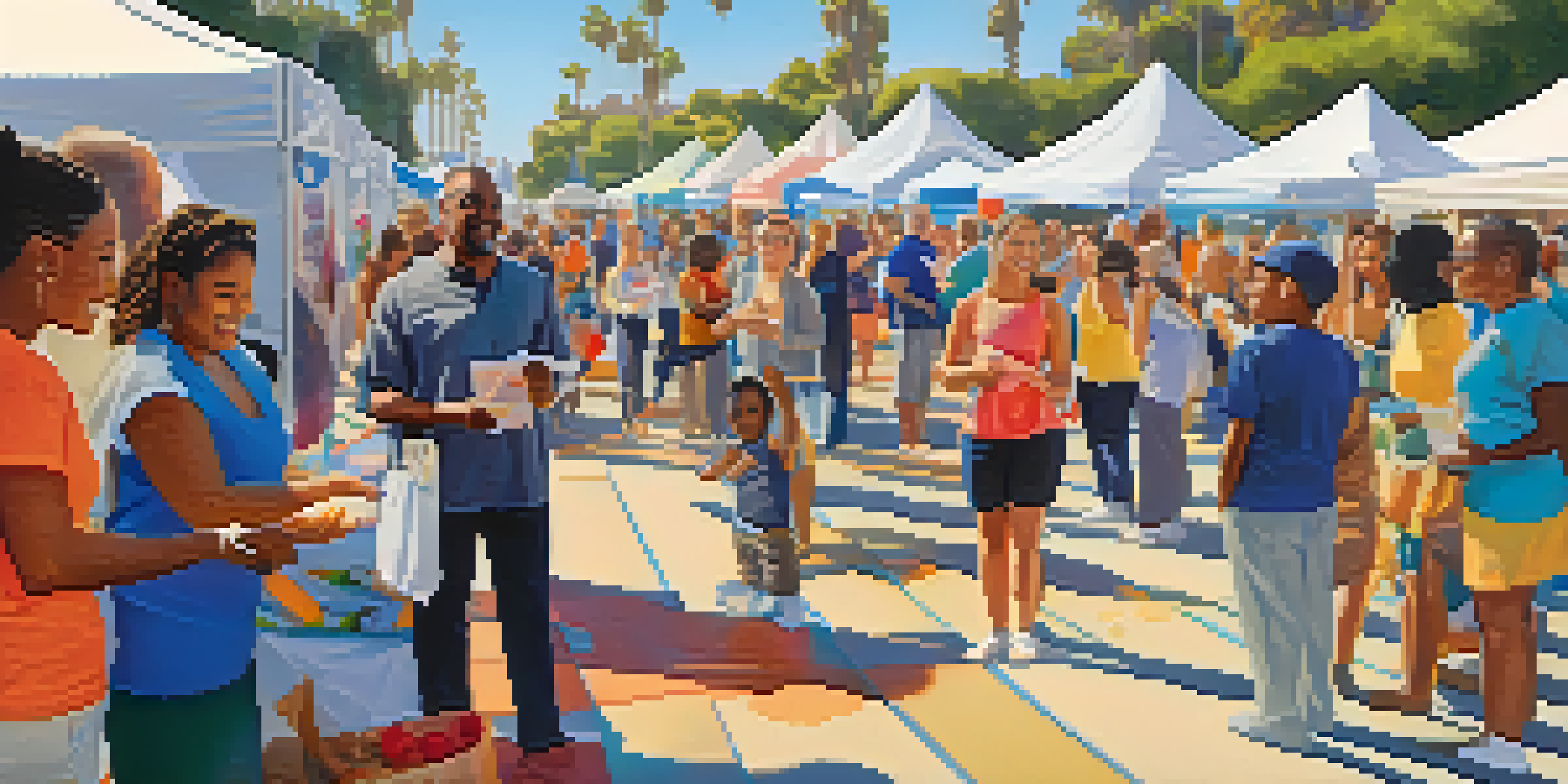 A lively health fair with people interacting at booths, participating in yoga, and attending cooking demonstrations under a sunny sky.