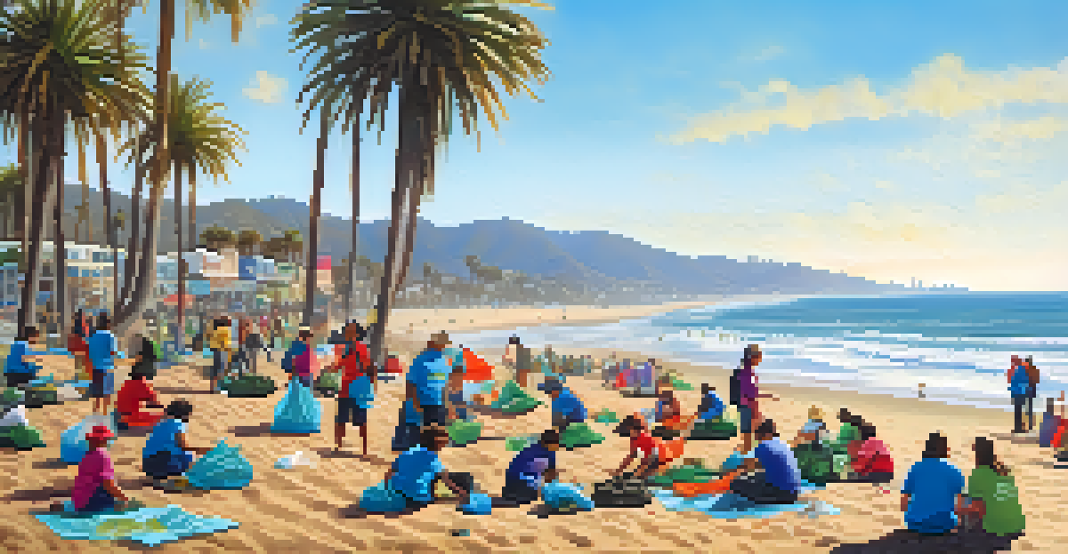Volunteers participating in a beach clean-up event in Santa Monica, with the ocean in the background.