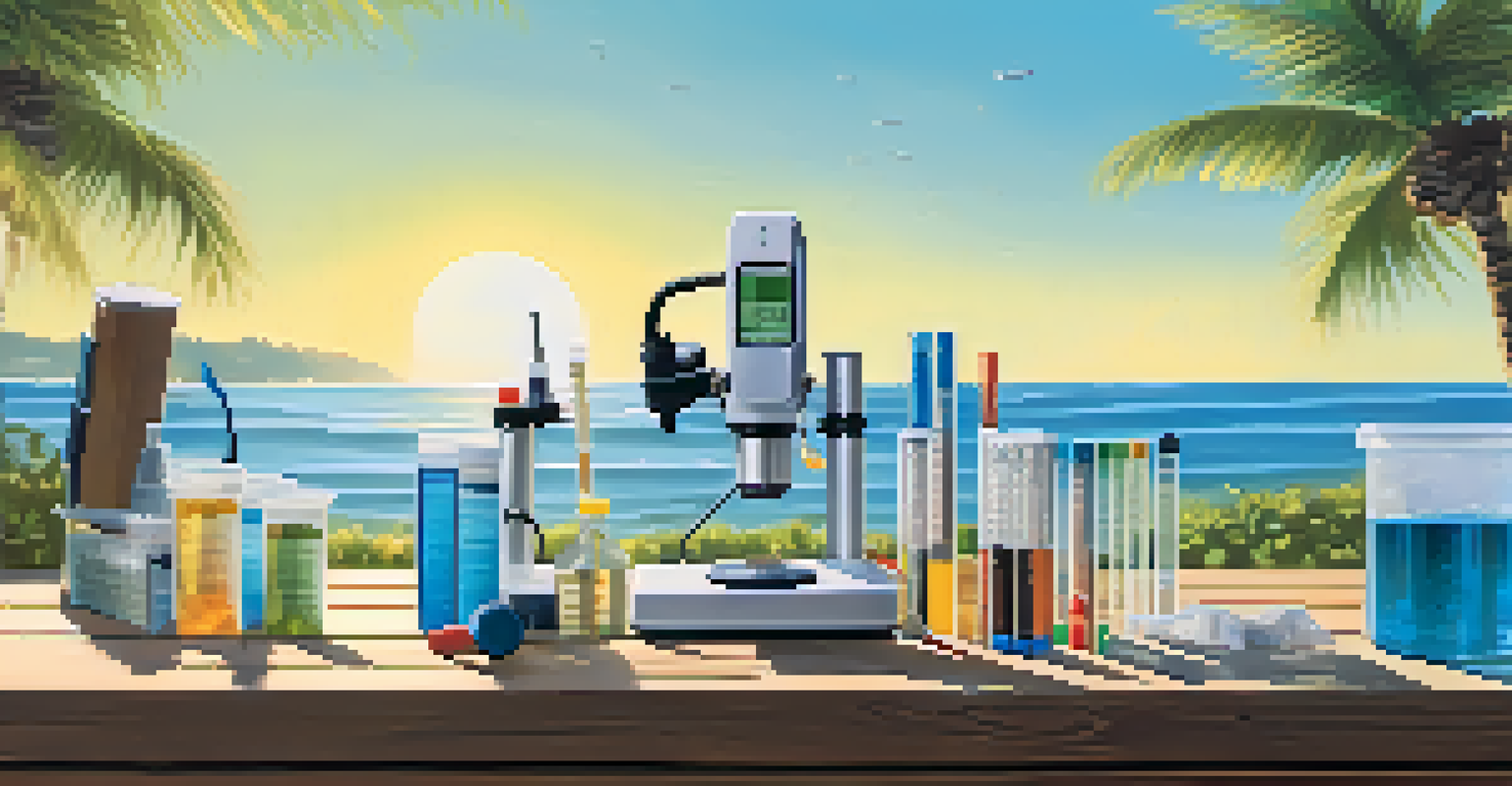 Water quality testing equipment arranged on a picnic table at the beach with the ocean in the background.