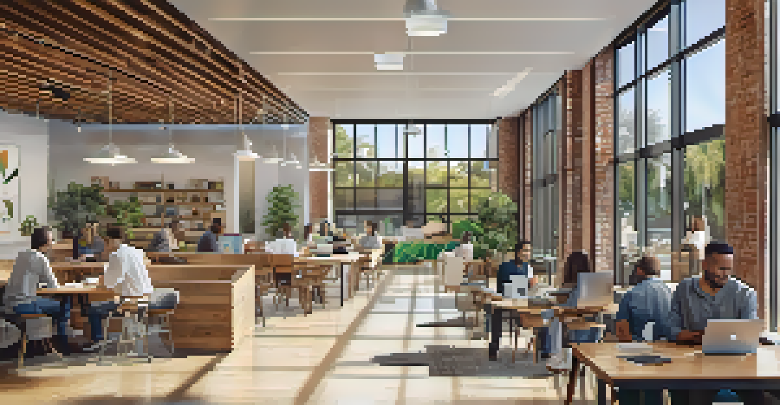 A bright and modern co-working space in Santa Monica featuring large windows and energy-efficient design, with individuals working together.