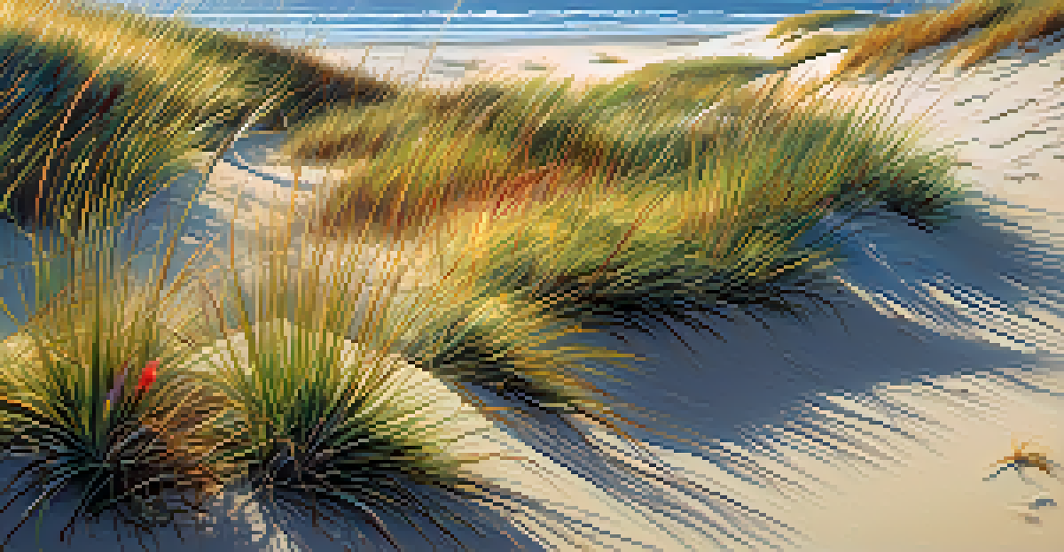 Close-up of native coastal vegetation with wildflowers and grasses on a sand dune, showcasing sunlight filtering through the leaves.