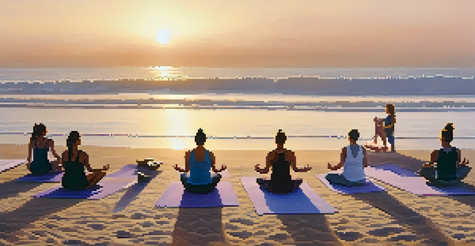 An outdoor yoga class on Santa Monica beach with participants practicing poses against a backdrop of the ocean.