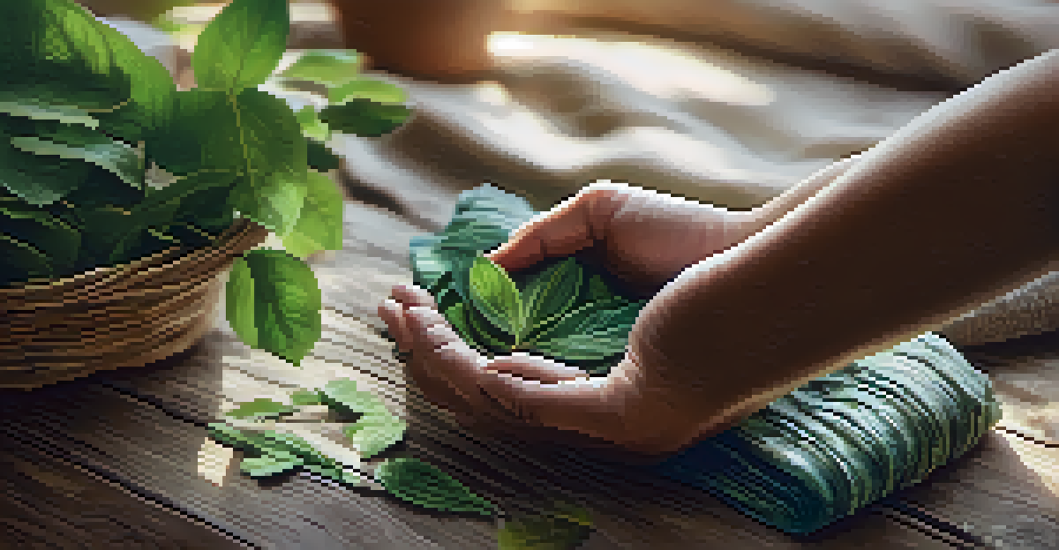 Close-up of hands holding sustainable materials on a rustic table, with greenery in the background.