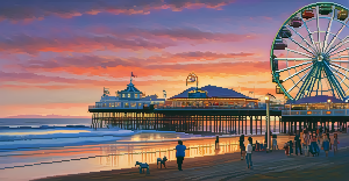 A beautiful sunset view of Santa Monica Pier, showcasing the carousel and Ferris wheel with people enjoying the scene.