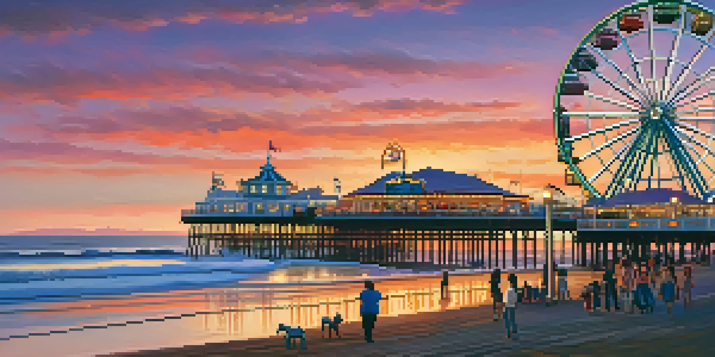 A beautiful sunset view of Santa Monica Pier, showcasing the carousel and Ferris wheel with people enjoying the scene.