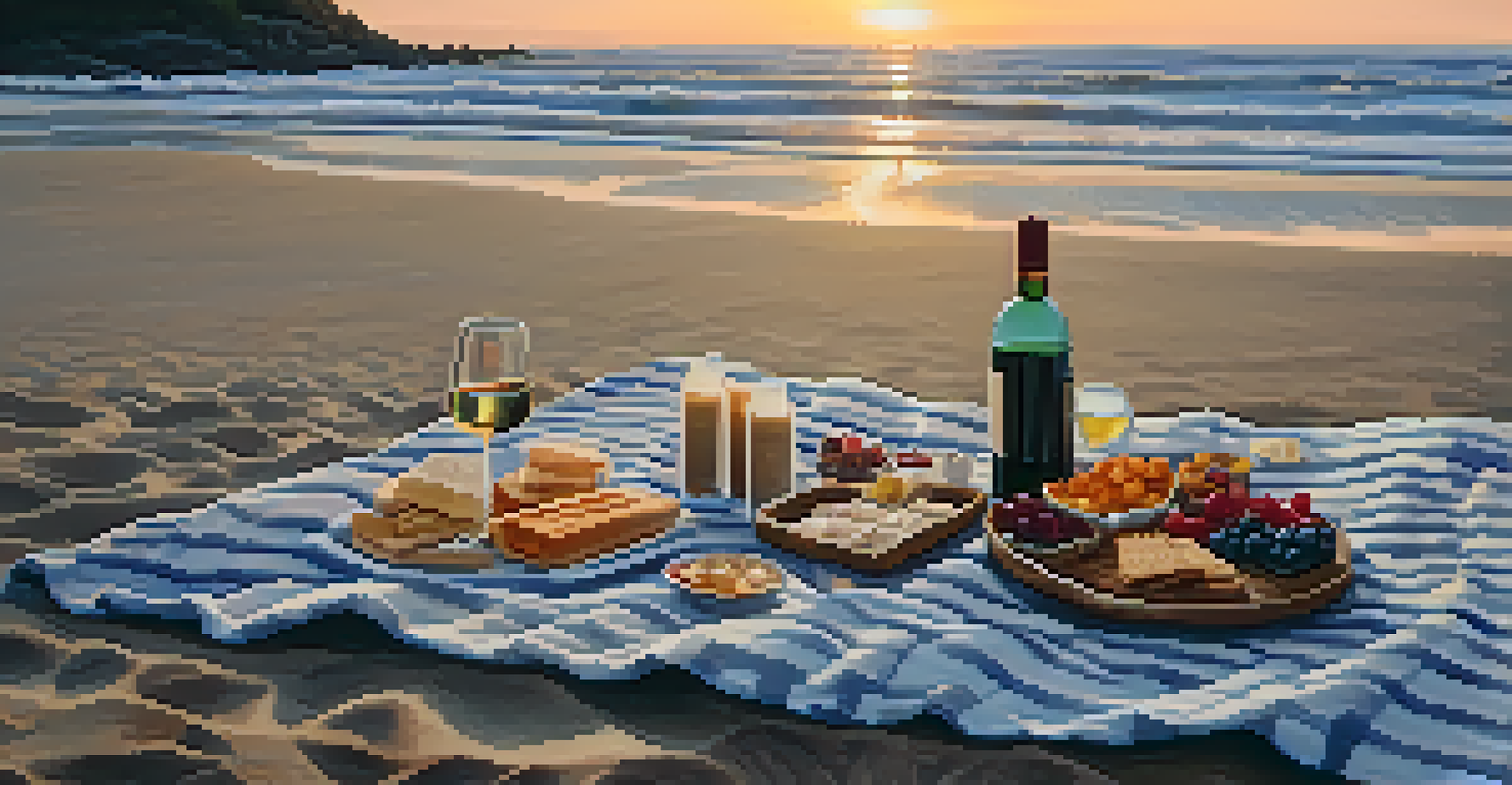 A beach picnic at sunset with a blanket, snacks, and a camera, against a beautiful ocean backdrop.