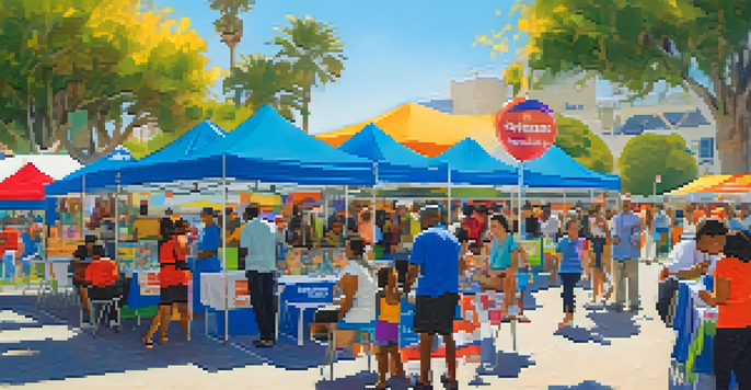 A lively health fair with diverse attendees interacting with health professionals at colorful booths under a sunny sky.
