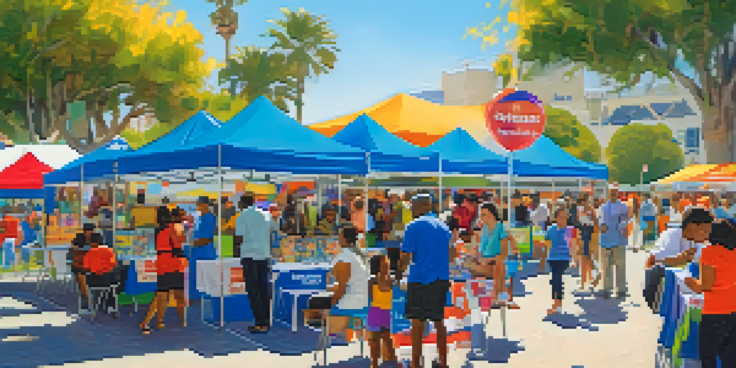 A lively health fair with diverse attendees interacting with health professionals at colorful booths under a sunny sky.