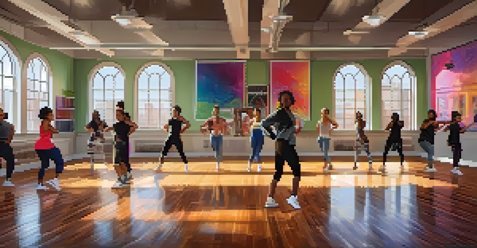 A hip hop dance studio with wooden floors and mirrors, where a professional instructor demonstrates moves to a small group of students, illuminated by sunlight.