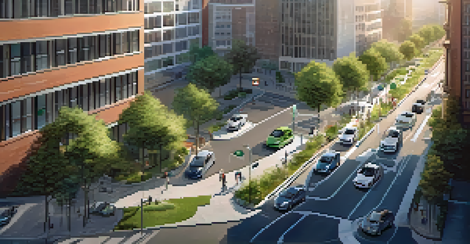 An aerial view of a city featuring electric vehicle charging stations, with electric cars parked and charging amidst greenery and urban infrastructure.