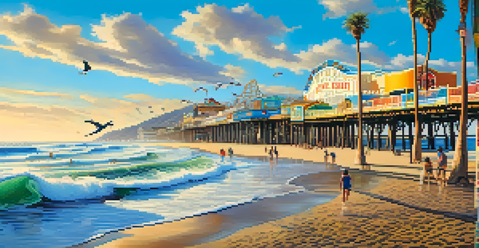 A colorful mural of Santa Monica Pier, showing beach life with surfers, palm trees, and a bright blue sky.