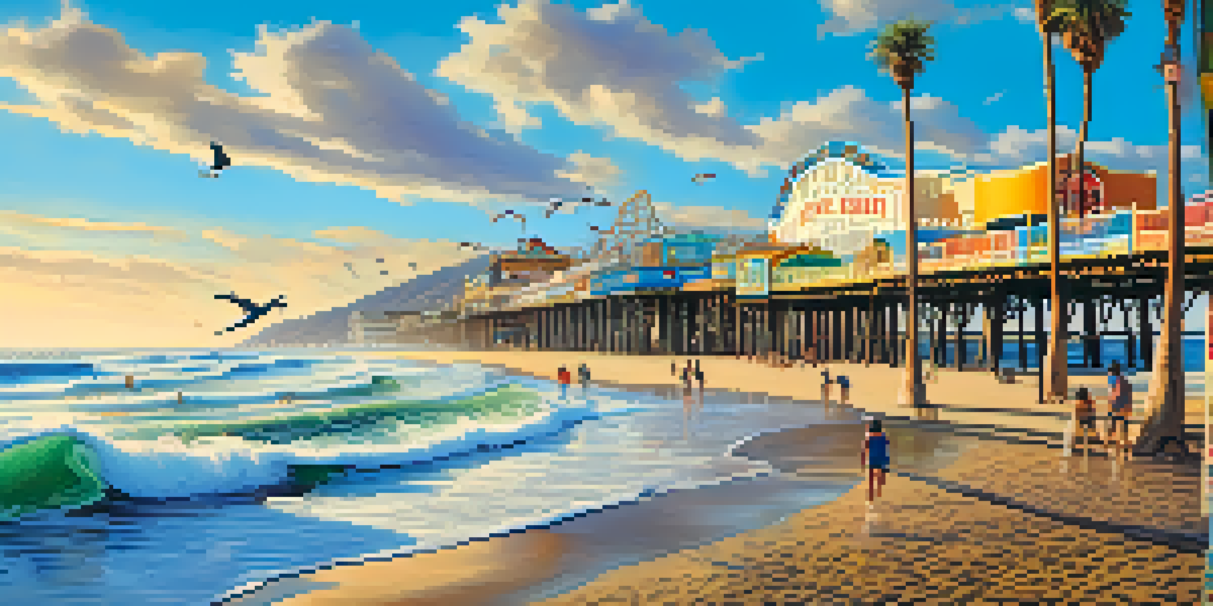 A colorful mural of Santa Monica Pier, showing beach life with surfers, palm trees, and a bright blue sky.
