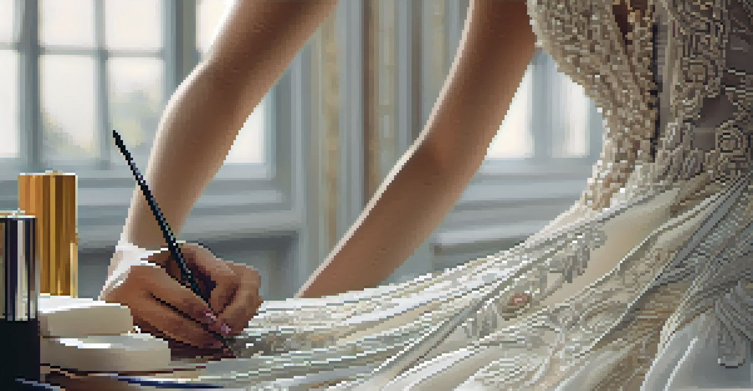 A close-up of a designer making final adjustments to a beautifully crafted garment with intricate details.
