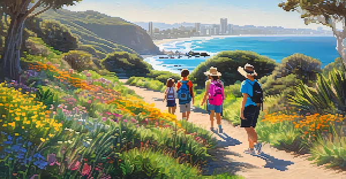 A family hiking on a sunny day in Santa Monica, surrounded by greenery and ocean views, with children exploring and parents taking pictures.