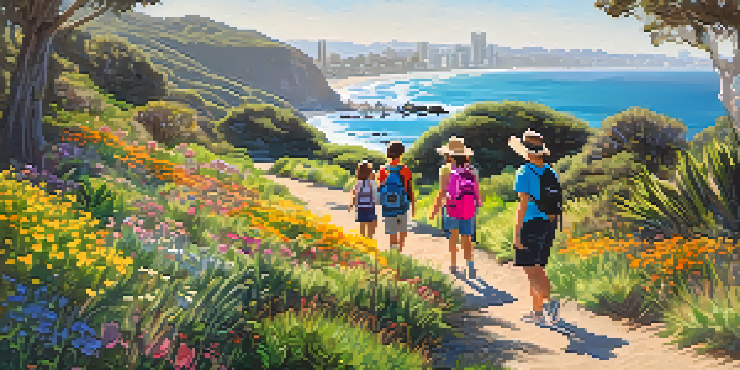 A family hiking on a sunny day in Santa Monica, surrounded by greenery and ocean views, with children exploring and parents taking pictures.