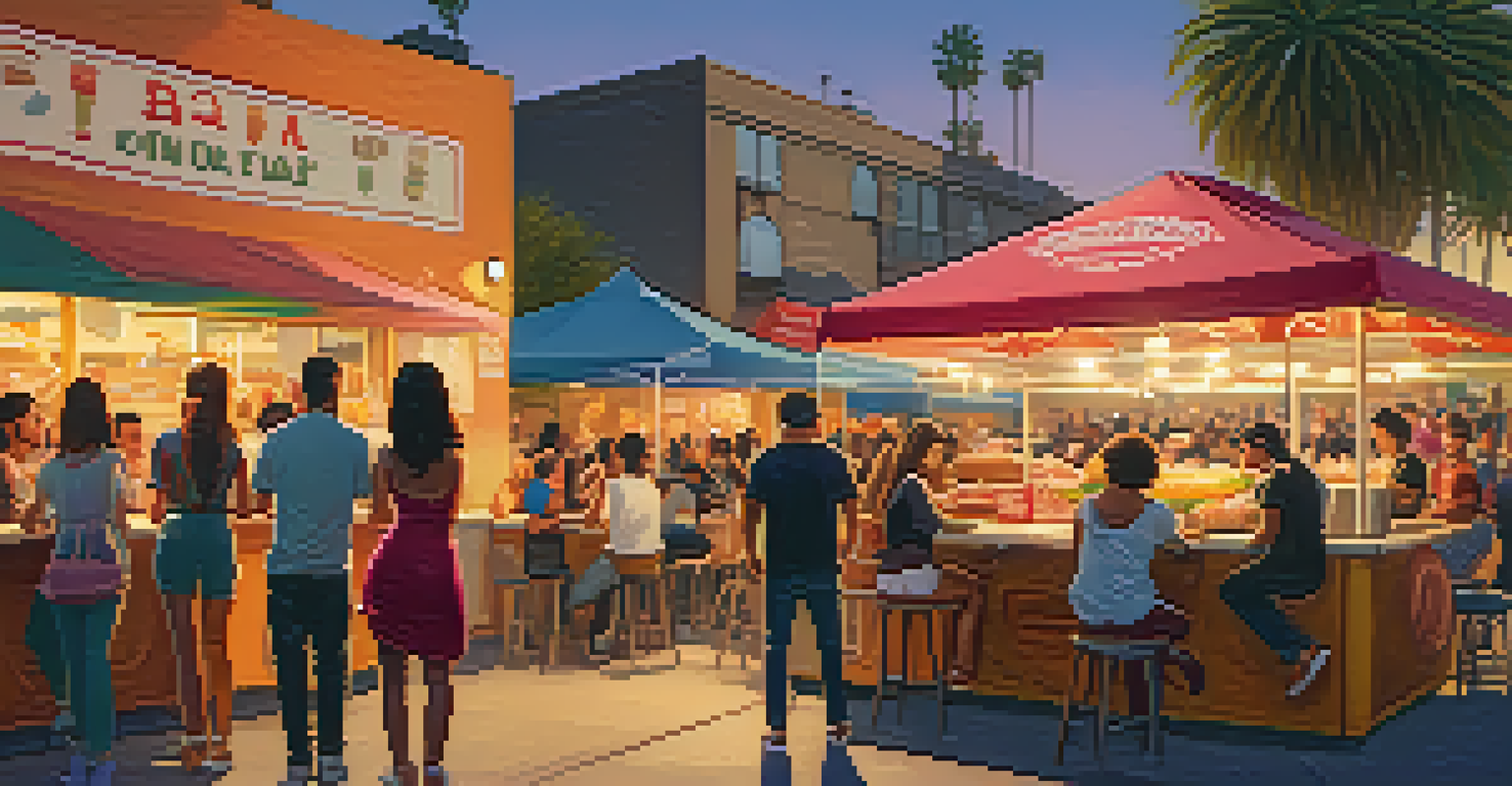 A vibrant street food scene in Santa Monica featuring colorful food trucks and diverse people enjoying tacos and bánh mì under a warm sunset.