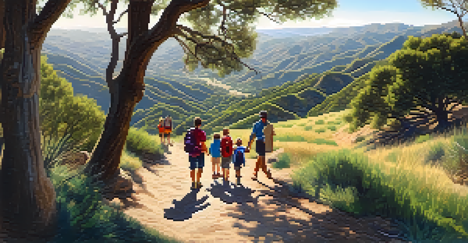 A family hiking in the Santa Monica Mountains with lush greenery and children spotting wildlife, enjoying a picnic at a scenic overlook.