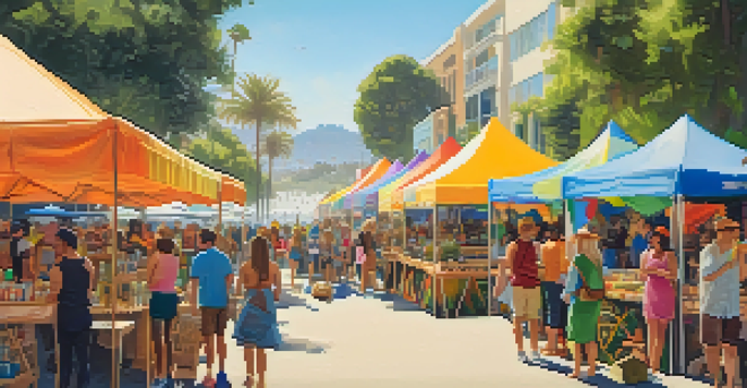 An outdoor festival in Santa Monica featuring colorful tents, local crafts, and organic food vendors, with a beach backdrop and musicians performing.
