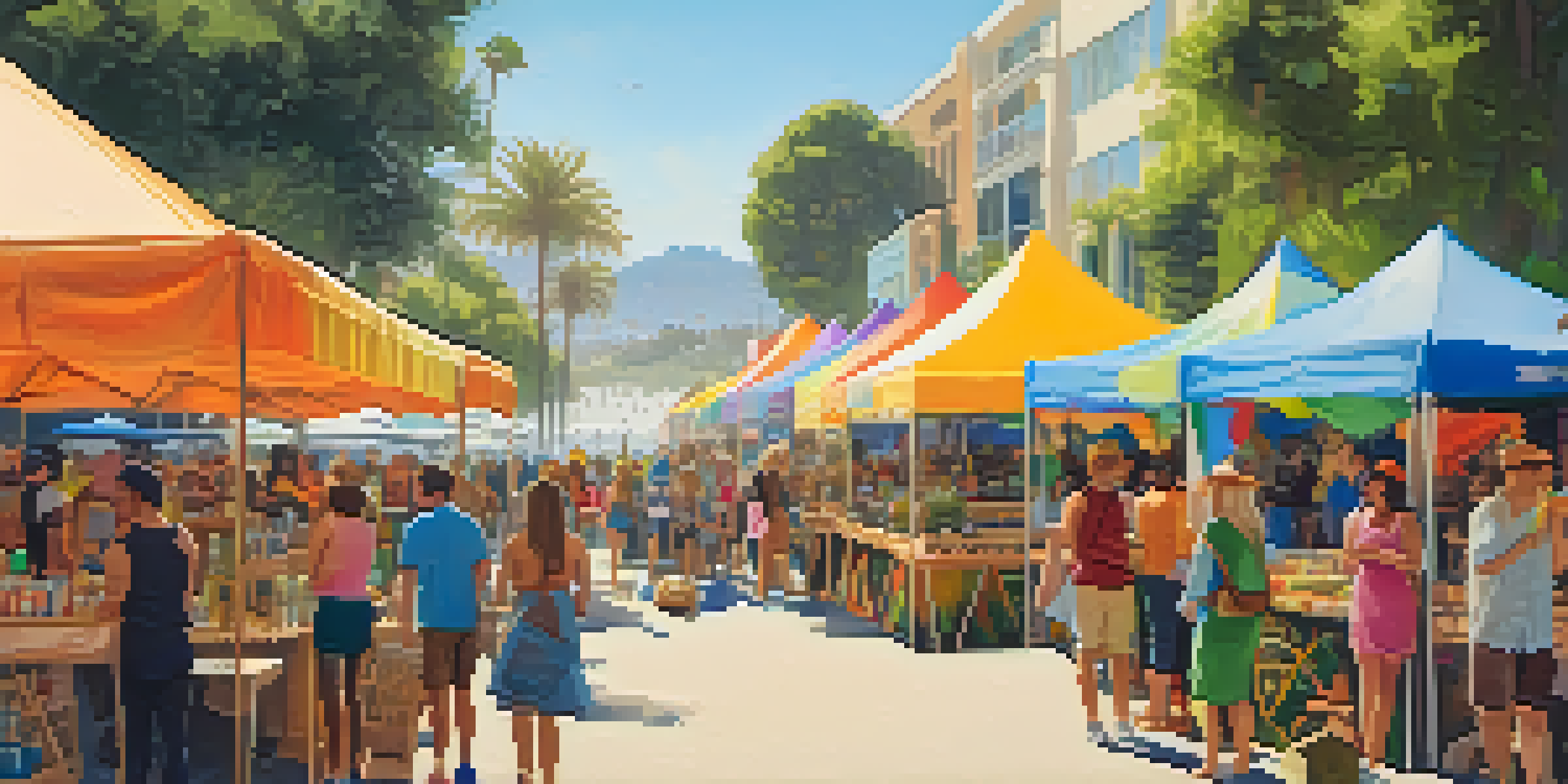 An outdoor festival in Santa Monica featuring colorful tents, local crafts, and organic food vendors, with a beach backdrop and musicians performing.